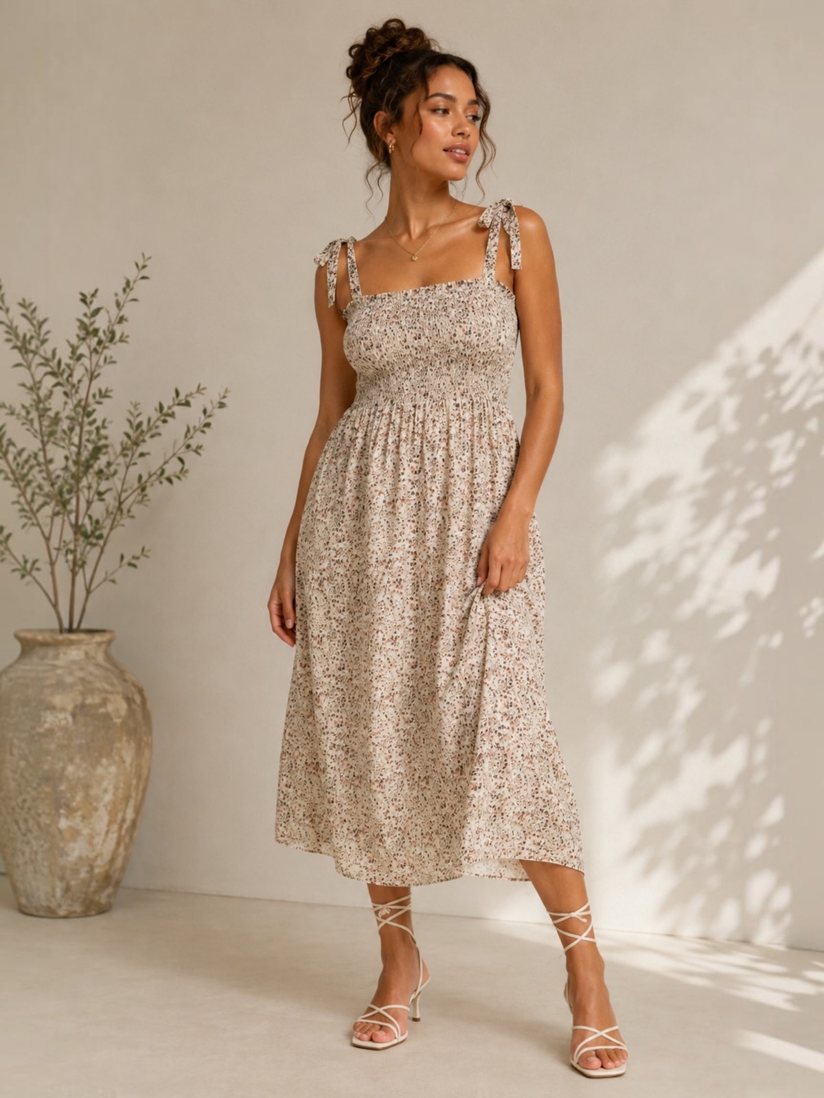 Aritzia Wilfred Golden Hour Smocked Midi Dress Tie Straps Floral